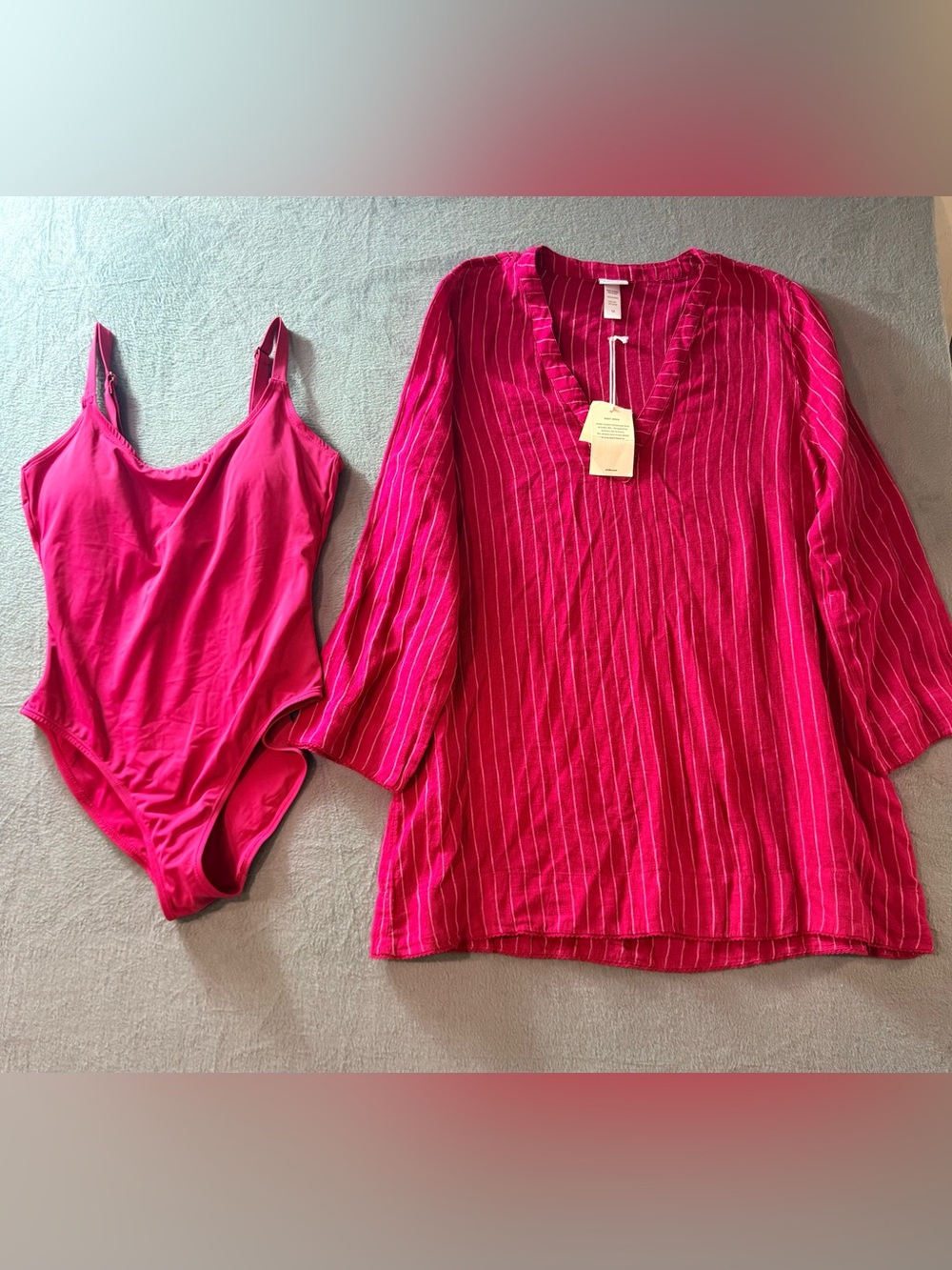 Women’s Dark Pink Striped Tunic Cover-Up & One-Piece Bathing Suit Set